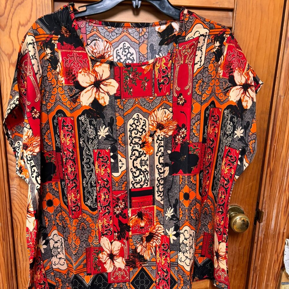 Floral Print Blouse, Casual Crew Neck Short Sleeve Ethnic Blouse XXL